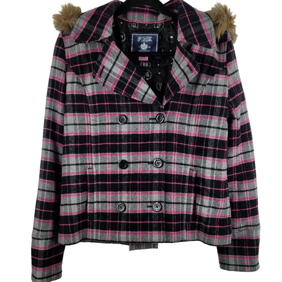 Victoria Secret Pink Plaid Pink/Black/Gray Hooded Jacket M - Picture 1 of 7